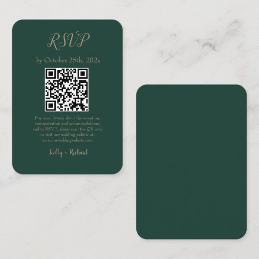 Emerald Green Small Vertical Wedding RSVP QR Code Begleitkarte (Vorne/Hinten)
