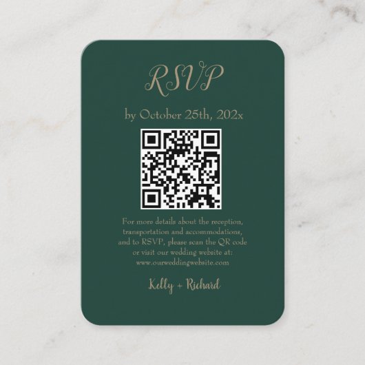 Emerald Green Small Vertical Wedding RSVP QR Code Begleitkarte (Vorderseite)