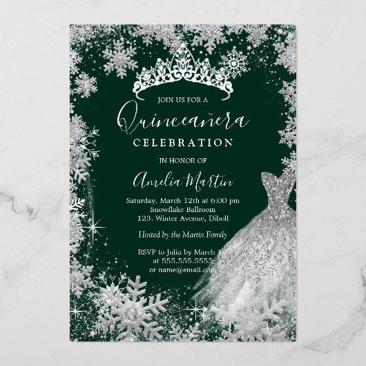Emerald Green Snowflake Winter Quinceanera Folieneinladung (Vorderseite)