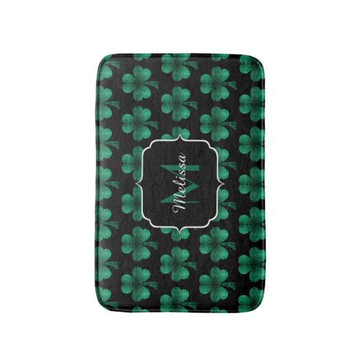 Emerald Green Sparkle Kleeblatt Black Monogram Badematte (Vorderseite Vertikal)