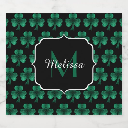 Emerald Green Sparkle Kleeblatt Black Monogram Bierflaschenetikett (Einzelnes Label)