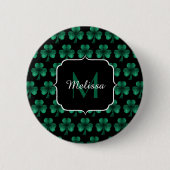 Emerald Green Sparkle Kleeblatt Black Monogram Button (Vorderseite)