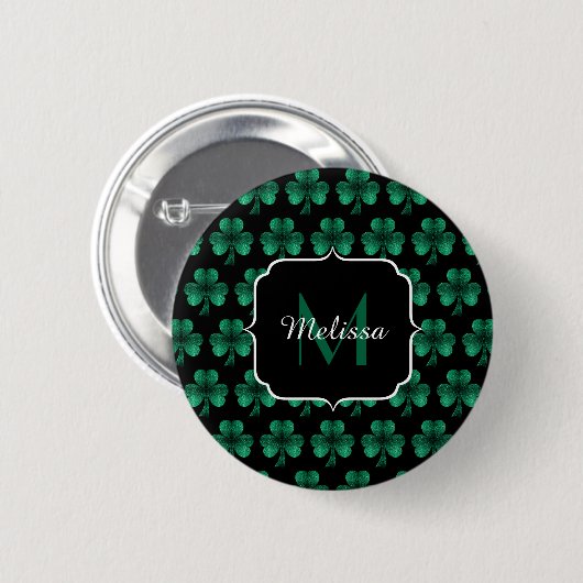 Emerald Green Sparkle Kleeblatt Black Monogram Button (Vorne & Hinten)