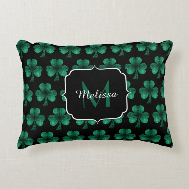Emerald Green Sparkle Kleeblatt Black Monogram Dekokissen (Vorderseite)