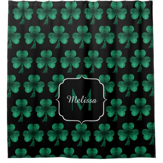 Emerald Green Sparkle Kleeblatt Black Monogram Duschvorhang (Vorderseite)