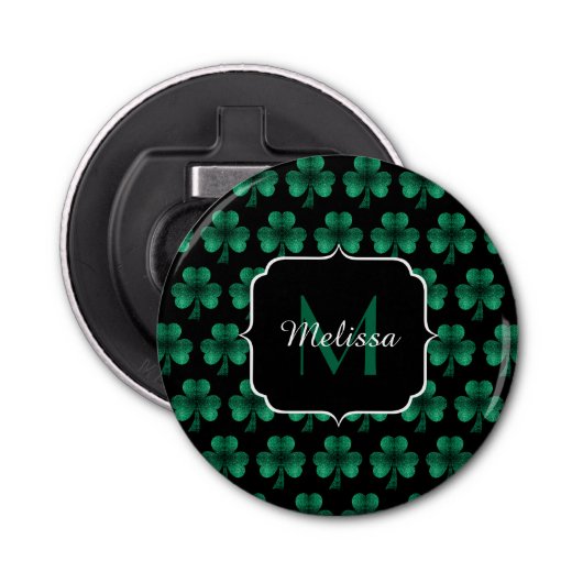 Emerald Green Sparkle Kleeblatt Black Monogram Flaschenöffner (Vorderseite)