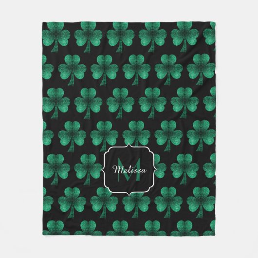 Emerald Green Sparkle Kleeblatt Black Monogram Fleecedecke (Vorderseite)