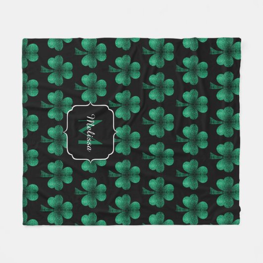 Emerald Green Sparkle Kleeblatt Black Monogram Fleecedecke (Vorderseite (Horizontal))