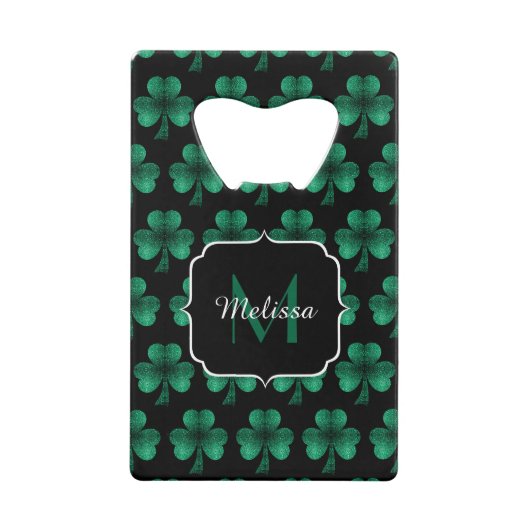 Emerald Green Sparkle Kleeblatt Black Monogram Geldbeutel Flaschenöffner (Vorderseite)