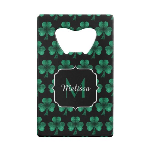 Emerald Green Sparkle Kleeblatt Black Monogram Geldbeutel Flaschenöffner (Rückseite)
