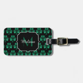 Emerald Green Sparkle Kleeblatt Black Monogram Gepäckanhänger (Vorderseite horizontal)