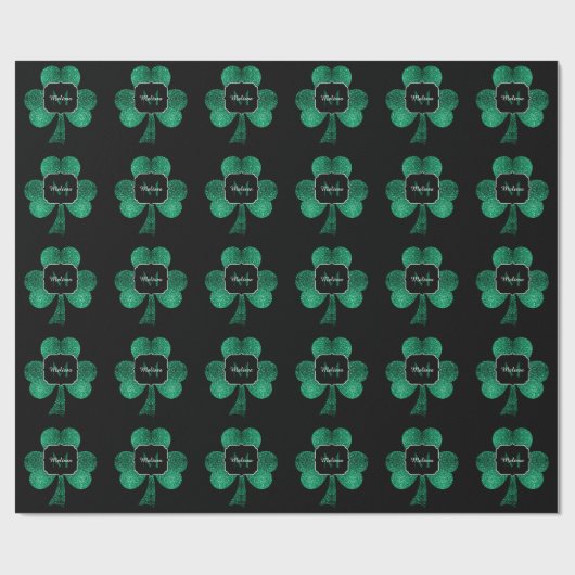 Emerald Green Sparkle Kleeblatt Black Monogram Geschenkpapier (Flach)
