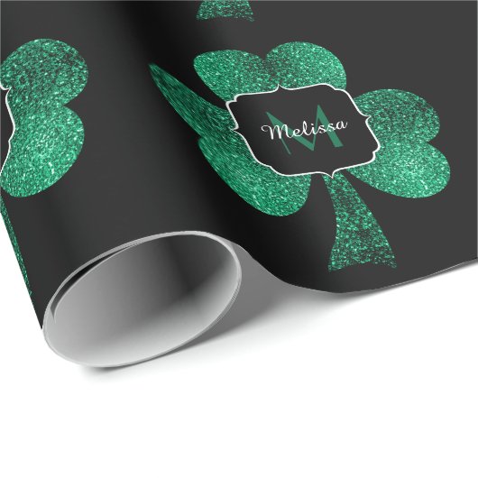Emerald Green Sparkle Kleeblatt Black Monogram Geschenkpapier (Rolleneckpunkt)