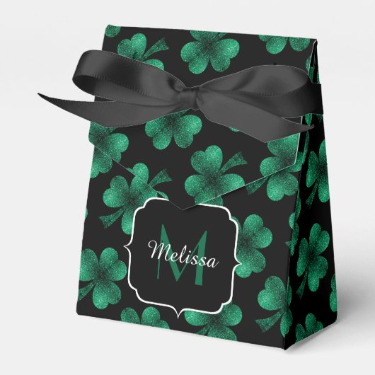 Emerald Green Sparkle Kleeblatt Black Monogram Geschenkschachtel (Vorderseite)