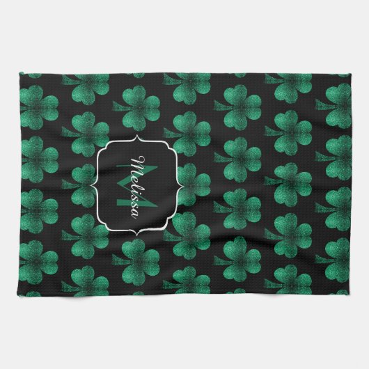 Emerald Green Sparkle Kleeblatt Black Monogram Geschirrtuch (Horizontal)