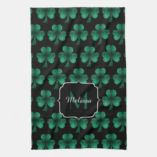 Emerald Green Sparkle Kleeblatt Black Monogram Geschirrtuch (Vertikal)