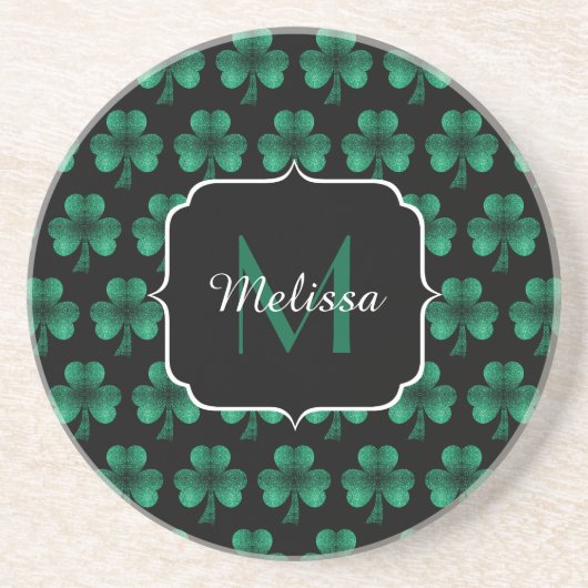 Emerald Green Sparkle Kleeblatt Black Monogram Getränkeuntersetzer (Vorne)
