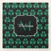 Emerald Green Sparkle Kleeblatt Black Monogram Glasuntersetzer (Vorderseite)