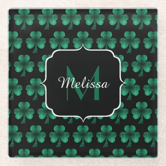 Emerald Green Sparkle Kleeblatt Black Monogram Glasuntersetzer (Vorderseite)