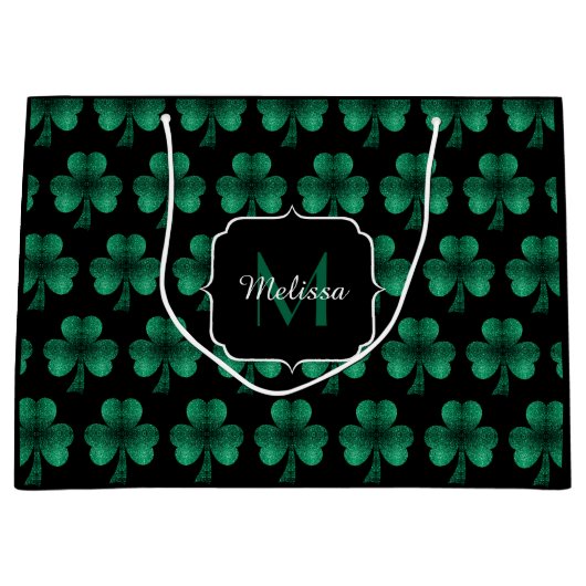 Emerald Green Sparkle Kleeblatt Black Monogram Große Geschenktüte (Vorderseite)