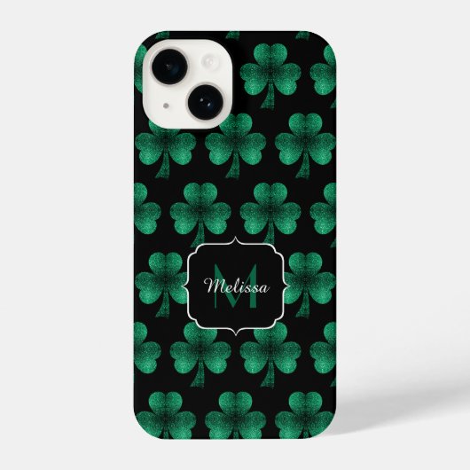 Emerald Green Sparkle Kleeblatt Black Monogram iPhone Hülle (Rückseite)
