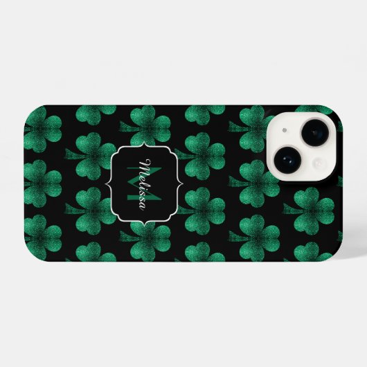 Emerald Green Sparkle Kleeblatt Black Monogram iPhone Hülle (Rückseite (Horizontal))