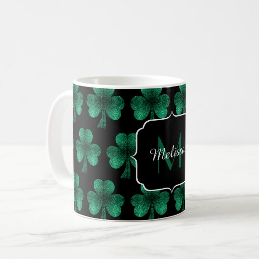 Emerald Green Sparkle Kleeblatt Black Monogram Kaffeetasse (Vorderseite Links)