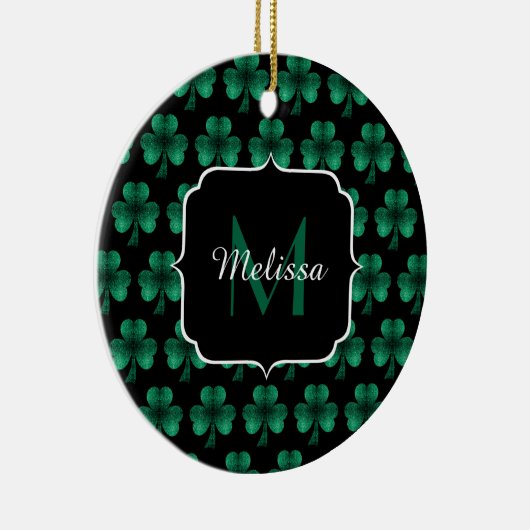 Emerald Green Sparkle Kleeblatt Black Monogram Keramik Ornament (Rechts)