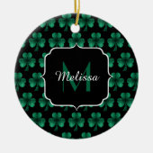 Emerald Green Sparkle Kleeblatt Black Monogram Keramik Ornament (Vorne)