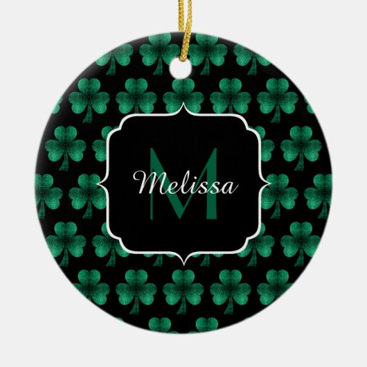Emerald Green Sparkle Kleeblatt Black Monogram Keramik Ornament (Vorne)