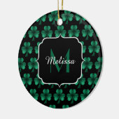 Emerald Green Sparkle Kleeblatt Black Monogram Keramik Ornament (Links)