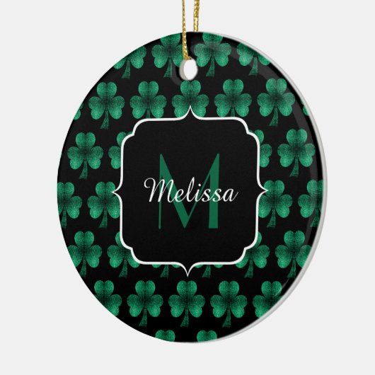 Emerald Green Sparkle Kleeblatt Black Monogram Keramik Ornament (Links)