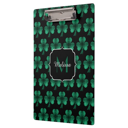 Emerald Green Sparkle Kleeblatt Black Monogram Klemmbrett (Links)