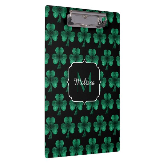 Emerald Green Sparkle Kleeblatt Black Monogram Klemmbrett (Rechts)