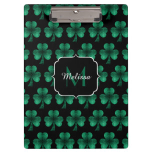 Emerald Green Sparkle Kleeblatt Black Monogram Klemmbrett