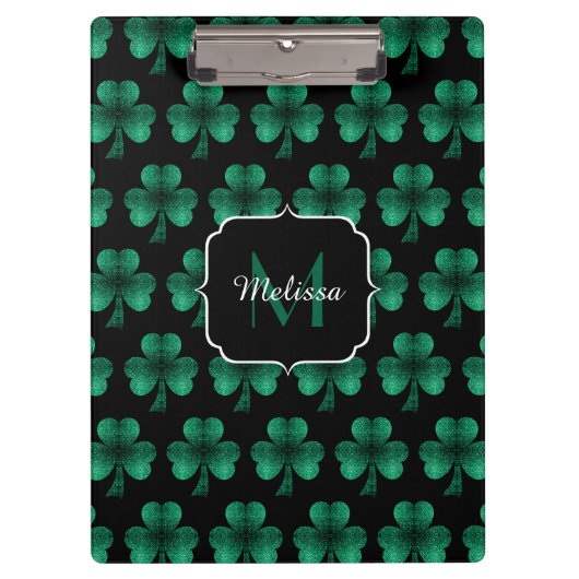 Emerald Green Sparkle Kleeblatt Black Monogram Klemmbrett (Vorderseite)
