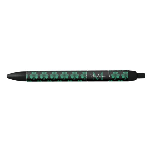 Emerald Green Sparkle Kleeblatt Black Monogram Kugelschreiber (Vorderseite)