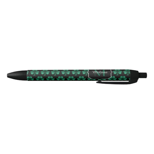 Emerald Green Sparkle Kleeblatt Black Monogram Kugelschreiber (Unterseite)