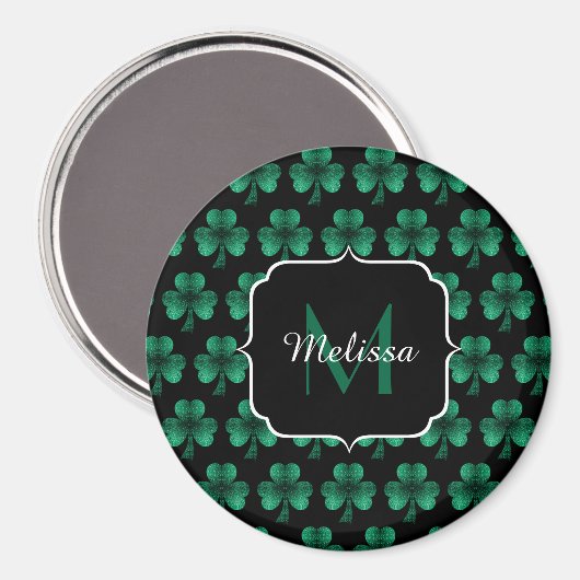 Emerald Green Sparkle Kleeblatt Black Monogram Magnet (Vorderseite/Rückseite)