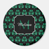 Emerald Green Sparkle Kleeblatt Black Monogram Magnet (Vorne)