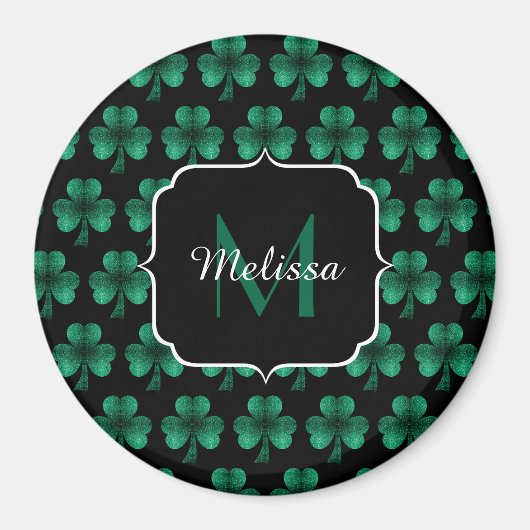 Emerald Green Sparkle Kleeblatt Black Monogram Magnet (Vorne)