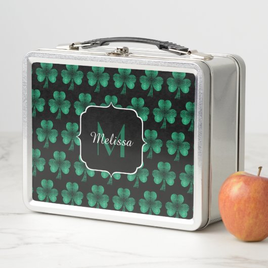 Emerald Green Sparkle Kleeblatt Black Monogram Metall Brotdose (Beispiel)