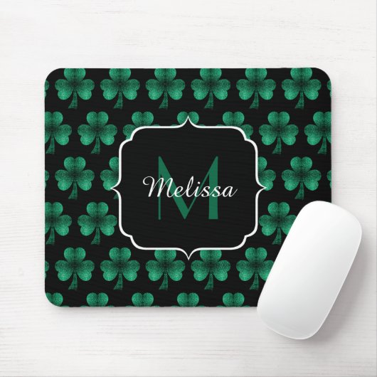 Emerald Green Sparkle Kleeblatt Black Monogram Mousepad (Mit Mouse)