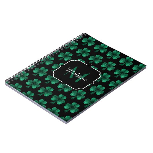 Emerald Green Sparkle Kleeblatt Black Monogram Notizblock (Linke Seite)