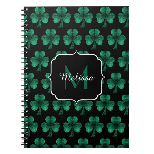 Emerald Green Sparkle Kleeblatt Black Monogram Notizblock (Vorderseite)