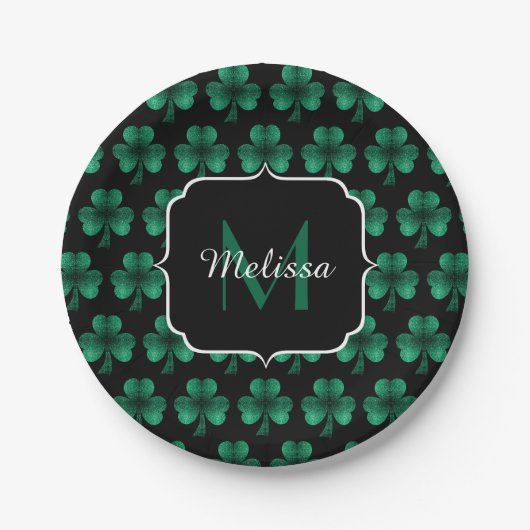 Emerald Green Sparkle Kleeblatt Black Monogram Pappteller (Vorderseite)