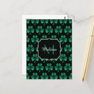 Emerald Green Sparkle Kleeblatt Black Monogram Postkarte