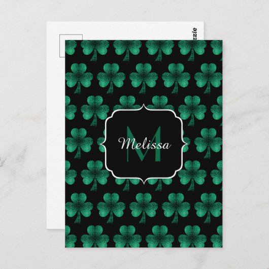 Emerald Green Sparkle Kleeblatt Black Monogram Postkarte (Vorne/Hinten)