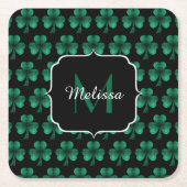 Emerald Green Sparkle Kleeblatt Black Monogram Rechteckiger Pappuntersetzer (Vorderseite)
