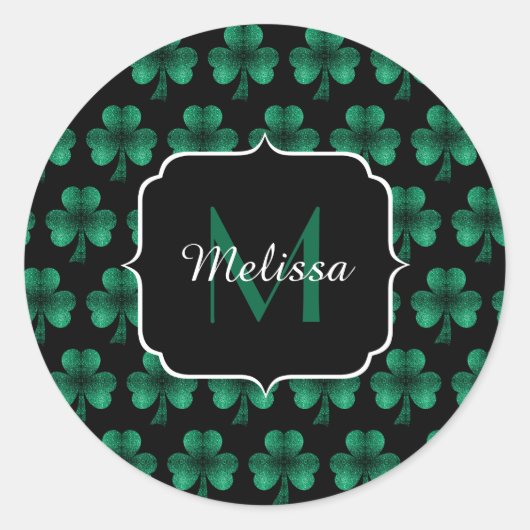 Emerald Green Sparkle Kleeblatt Black Monogram Runder Aufkleber (Vorderseite)